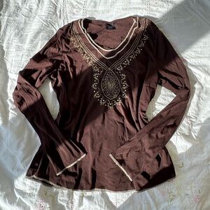 Tribal Brown Embroidered Boho Long Sleeve Top XL